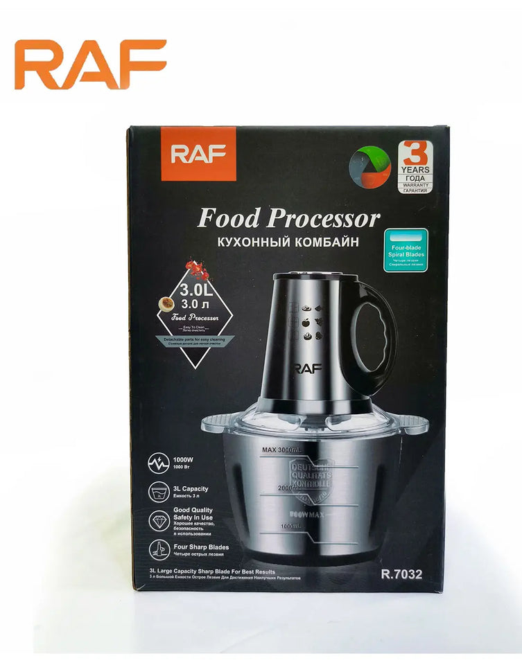 RAF 3L Food Processor, Vegetable & Meat Chopper – Stainless Steel Bowl 1000W