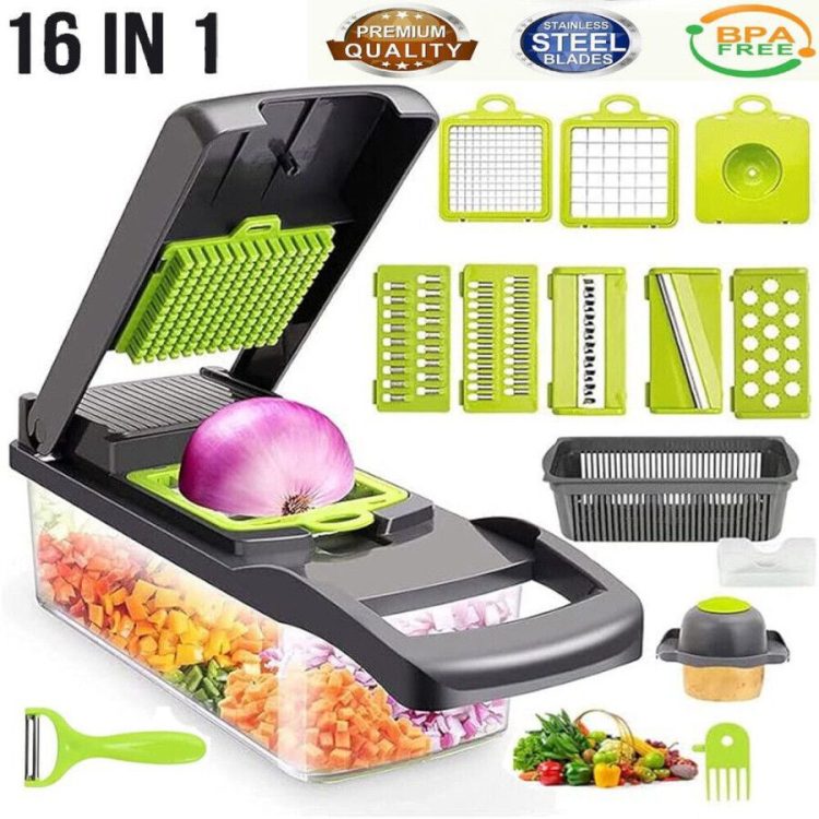 16-in-1 Vegetable Chopper & Veggie Slicer with multiple blades for slicing, dicing, chopping, and grating