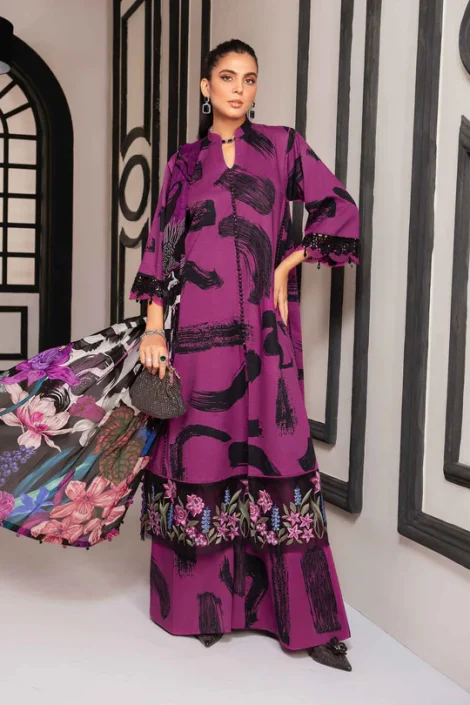 Elegant 3-piece suit with a printed lawn front featuring a heavy embroidered sequin work daman border, printed lawn back, and sleeves with embroidered sequin borders