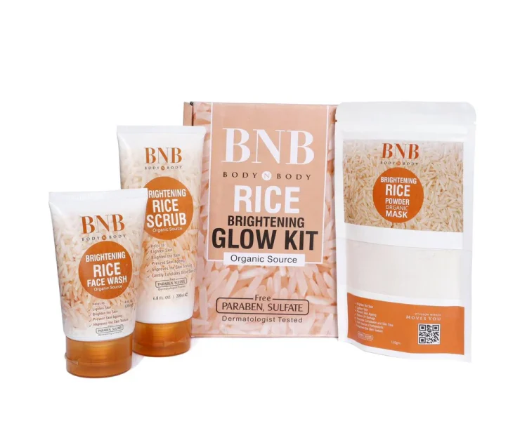 BNB Rice Extract Bright & Glow Kit: Rice Face wash, Rice Scrub, Rice Mask. Natural skincare essentials for a radiant complexion