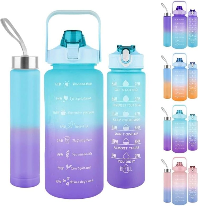 Set of 3 gradient water bottles in various sizes (1 gallon, 32oz, 18oz) with motivational time markers, leakproof design, and ergonomic handles in vibrant colors