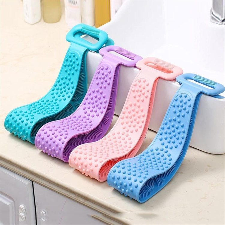 Colorful silicone back scrubbers with handles, featuring a dual-sided design for exfoliating and massaging, ideal for deep cleansing in the shower