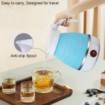 Portable travel folding electric kettle made of baby-grade silicone and 304 stainless steel, featuring a compact foldable design in pastel colors, ideal for camping, road trips, and travel use