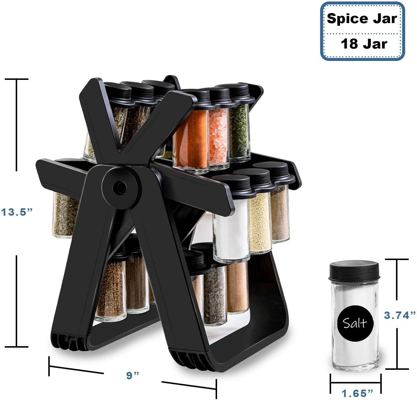 360-degree rotating spice rack organizer with 12 refillable glass jars, shake lids, and a black ABS+PP durable frame for efficient kitchen spice storage