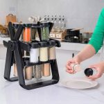 360-degree rotating spice rack organizer with 12 refillable glass jars, shake lids, and a black ABS+PP durable frame for efficient kitchen spice storage