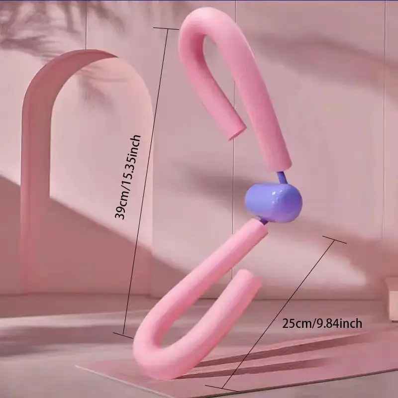 Pink foam thigh master resistance toner for home workout, used for toning thighs, arms, and hips